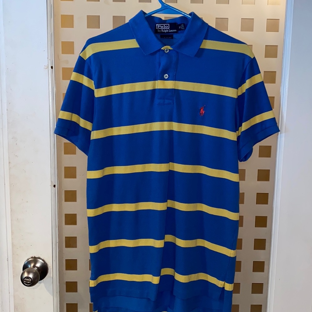 Blue and yellow striped Polo with red emblem